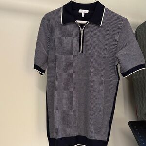 Reiss Navy and White Micro-Pattern Half Zip Polo